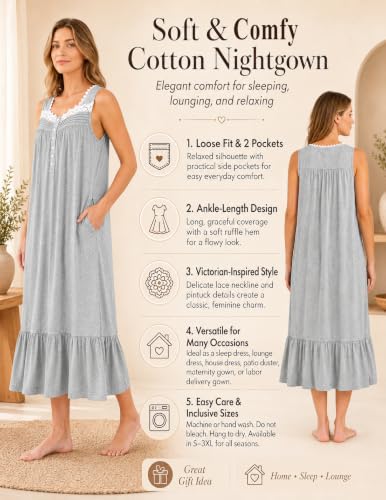Image of Viakeo Cotton Nightgowns for Women Long House Dress Soft Sleepshirts With Pockets S-3XL