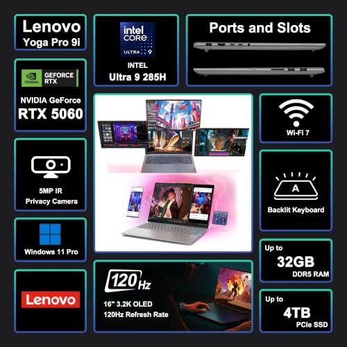 Image of Lenovo Yoga Pro 9i Aura Edition Creator AI Laptop 16 inch 3200x2000 OLED 120Hz Touch (1600nits Peak) Intel 16-core Ultra 9 285H 32GB RAM 1TB SSD GeForce RTX 5060 572 AI Tops Backlit Win11Pro ICP Hub