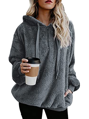Century Star Womens Fuzzy Hoodies Pullover Sport Hoodie Cozy Oversized Pockets Hooded Sweatshirt Athletic Fleece Hoodies Dark Grey Medium