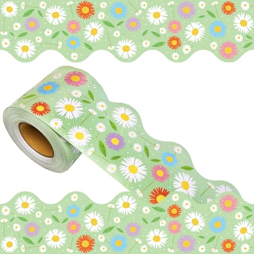 YUUIKLLE 69 Feet Daisy Bulletin Board Borders Spring Floral Border Green Flowers Scalloped Rolled Border Trim