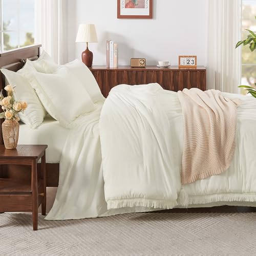 Image of Andency California King Size Comforter Set with Sheets Ivory - 7 Pieces Cal King Bed in a Bag Boho Bedding Sets, Ivory Bed Set with Comforter, Sheets, Pillowcases & Shams