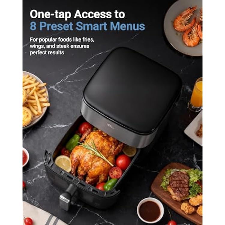 Bear 6.3QT Air Fryer with Smart Color Touchscreen, 4D Turbo Crisp Technology, See-Through Window & Steam Function for Juicy Results, 1600W, Dishwasher Safe Basket
