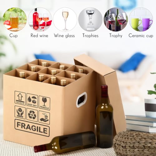Image of 6 Pack 5-ply Wine Glass Moving Boxes with Fragile Label Holds 9 Stemware | 12 x 12 Inch Glassware Packing Boxes with Lids and Handles, Heavy Duty for Champagne Glasses Wine Glassware Crystal