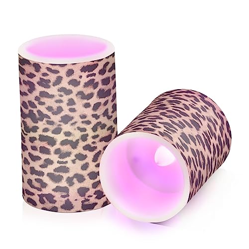 Kcldeci Flameless Candles Leopard Skin Print Battery Operated Candle LED Flameless Candles Remote Control Candles Outdoor LED Flameless Pillar Candles Set of 2