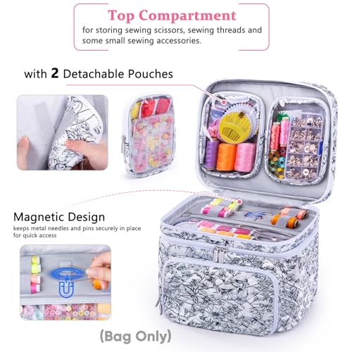 AMOIGEE Double-Layer Sewing Organizer Storage Bag with 2 Detachable Pouches, Large Quilted Sewing Basket for Supplies & Tools, Portable Travel Sewing Kit Case, Gift for Mom(Bag ONLY) - Thumbnail 3