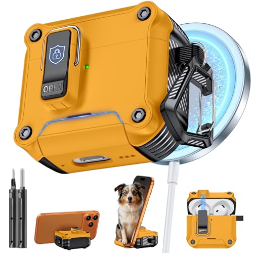 Image of Inesore for AirPods 4 Case with Secure Lock (Yellow) | Phone Stand Design,Compatible with MagSafe,Automatic Snap Switch Secure Cover with Cleaner Kit & Keychain