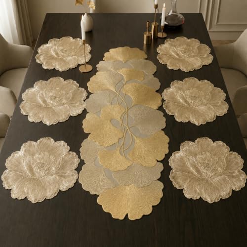 Image of Dakshya Industries PVC Waterproof Round Table Placemats & Table Runner Combo | 6 Round Mats (38 x 38 cm) + 1 Runner (91 x 33 cm) | Heat Resistant, Washable, Non Slip (Grandora)