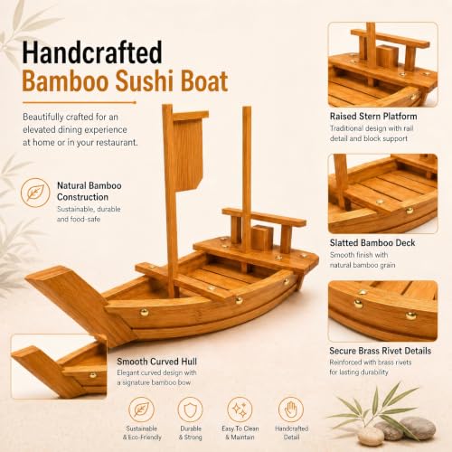 Image of Wooden Sushi Boat Serving Tray Plate, 20In Large Charcuterie Boards | Nature Bamboo Handmade, Japanese Sushi Plate, Restaurant or Home Party Display Platter