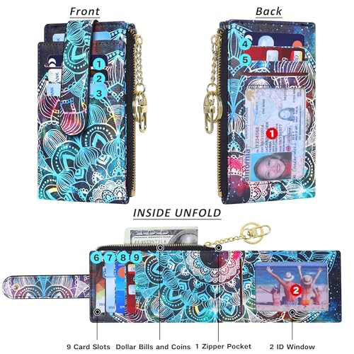 Image of Badiya Slim Women Wallet RFID Blocking Bifold Compact 9 Card Slots Holder Wallets Soft Leather with Zipper Coin Pocket 2 ID Window