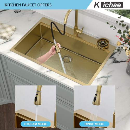 Image of 33 Gold Drop In Kitchen Sink - Kichae 33x22 Gold Brushed Stainless Steel Drop Sink 16 Gauge Ledge Workstation Single Bowl Topmount Overmount Handmade Basin with Faucet & Glass Rinser