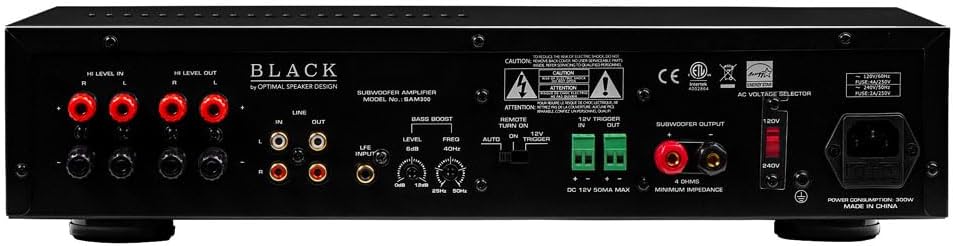 Zadaj view of the OSD Black 300W Subwoofer Amplifier showing all connections