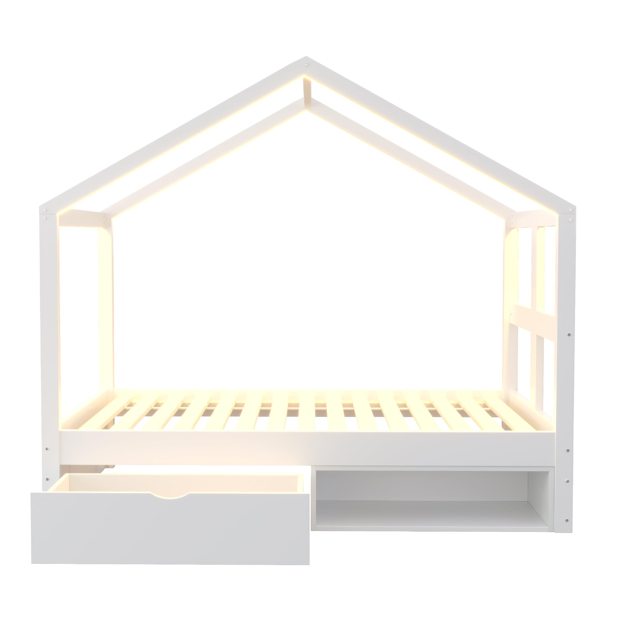 Letto in legno 90 x 190 cm, con cassetti e piccola scarpiera, con illuminazione a LED multicolore, rete a doghe, letto singolo, letto per ragazzi (bianco)