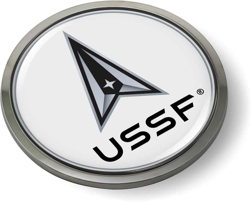 Image of The Space Force Delta USSF CAR Emblem Badge Sticker Chrome Metal Bezel | Official USAF and USSF Licensed Product, 3D Domed, made by BestLicensePlateFrames
