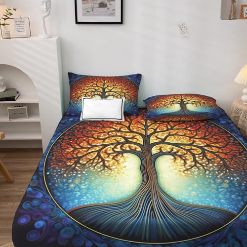 Drap Housse 140x190 Arbre de Vie - Protege Matelas Fantaisie, Drap Housse Grand Bonnet 35 cm, Housse Matelas Doux et Confortable Microfibre avec 2 Taies...