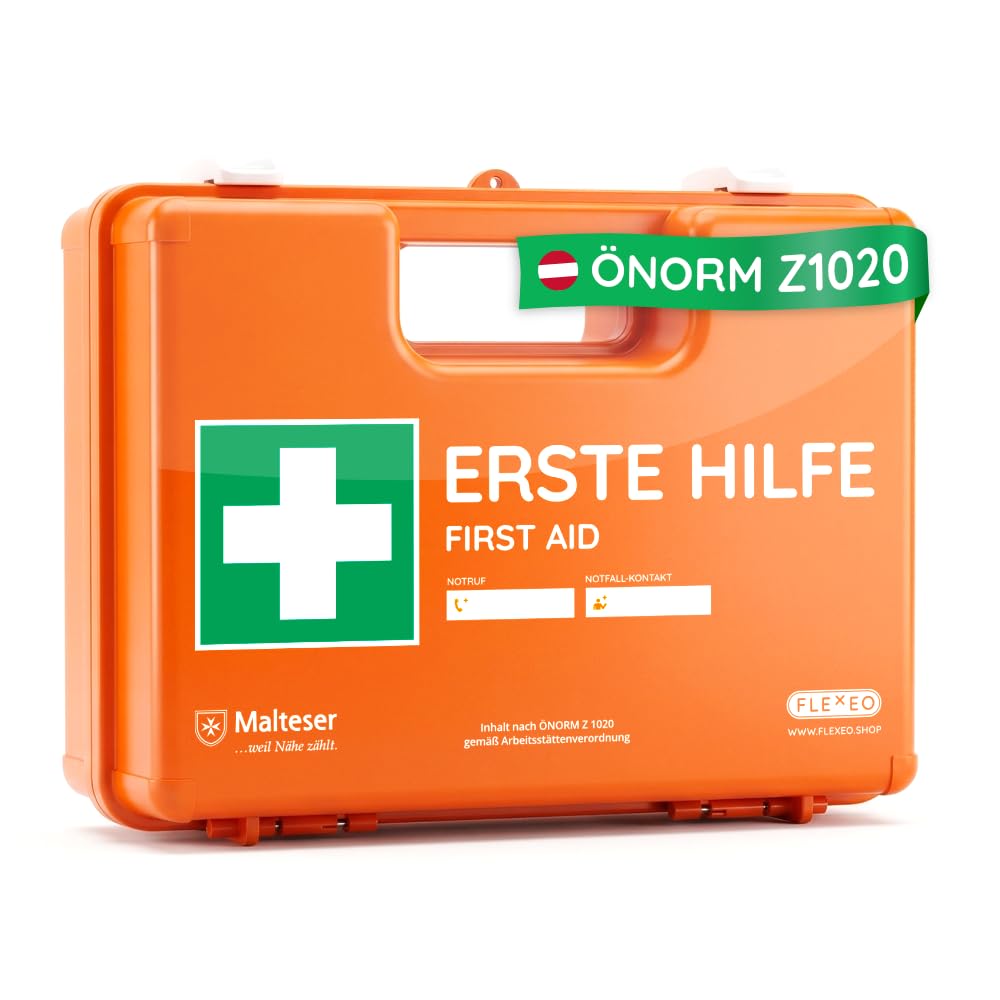 FLEXEO ÖNORM Z1020 - Valigetta di pronto soccorso per l'Austria, con supporto da parete, adesivi, adesivi di prova e piombo, kit per medicazioni per aziende, aziende, ufficio e casa