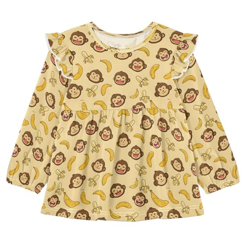 Cute Monkey Banana Y Girls Shirts Cotton Long Sleeve Ruffle Toddler Tee Tops