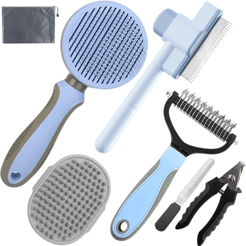 Image of Dog Brush for Shedding,7 PCS Pet Grooming Brush Kit to De-fur & Hair Slicker Deshedding Brushes with Undercoat Rake Comb Bath Brush&Nail Clipper for Grooming Short Long Haired Dogs Cats Blue