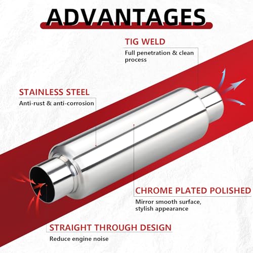 Image of LCGP 2.5 inch Inlet Universal Resonator Muffler, 2.5 inch Outlet 16 inch Overall Length Stainless Steel High Performance Muffler, Polished, Pass-Thru Design