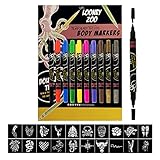 Looney Zoo - Premium Temporary Tattoo Marker Set -Temporary Tattoo Pens with Vibrant Colors - Epic Stencils Included - Dual-Tip Body Art Markers - Includes Metallic Colors (10 Markers // 20 Large Stencils)