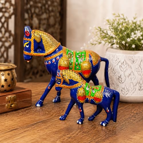 Image of eCraftIndia Handcrafted Blue Horse Pair Decorative Showpiece Set of 2 for Home Decor | Traditional Rajasthani Hand-Painted Horse Figurines | Tabletop, Shelf & Living Room Decoration
