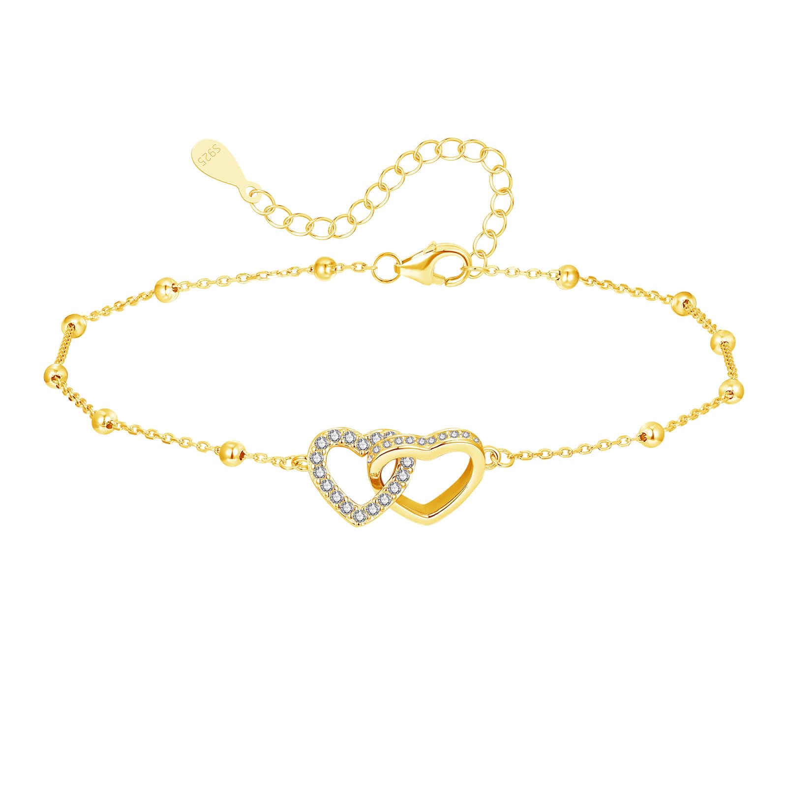 Cangall Fußkettchen für Damen, 925 Sterling Silber Fussketten für Frauen, 22+5cm Verstellbar Sommer Barfuß Strand Silber Fußkettchen Armband, Filigranes Design mit Doppelt Herz Fußkette am Fußgelenk