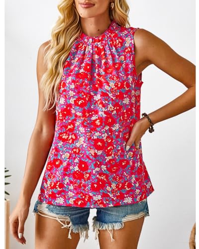 SimpleFun Womens Tank Tops Ruffle High Neck Pleated Summer Blouses Floral Sleeveless Shirt3
