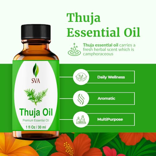 Image of SVA Thuja Essential Oil 1 Fl Oz - for Diffuser, Skin & Hair Care - Ideal for Massage & DIY Blends - with Dropper