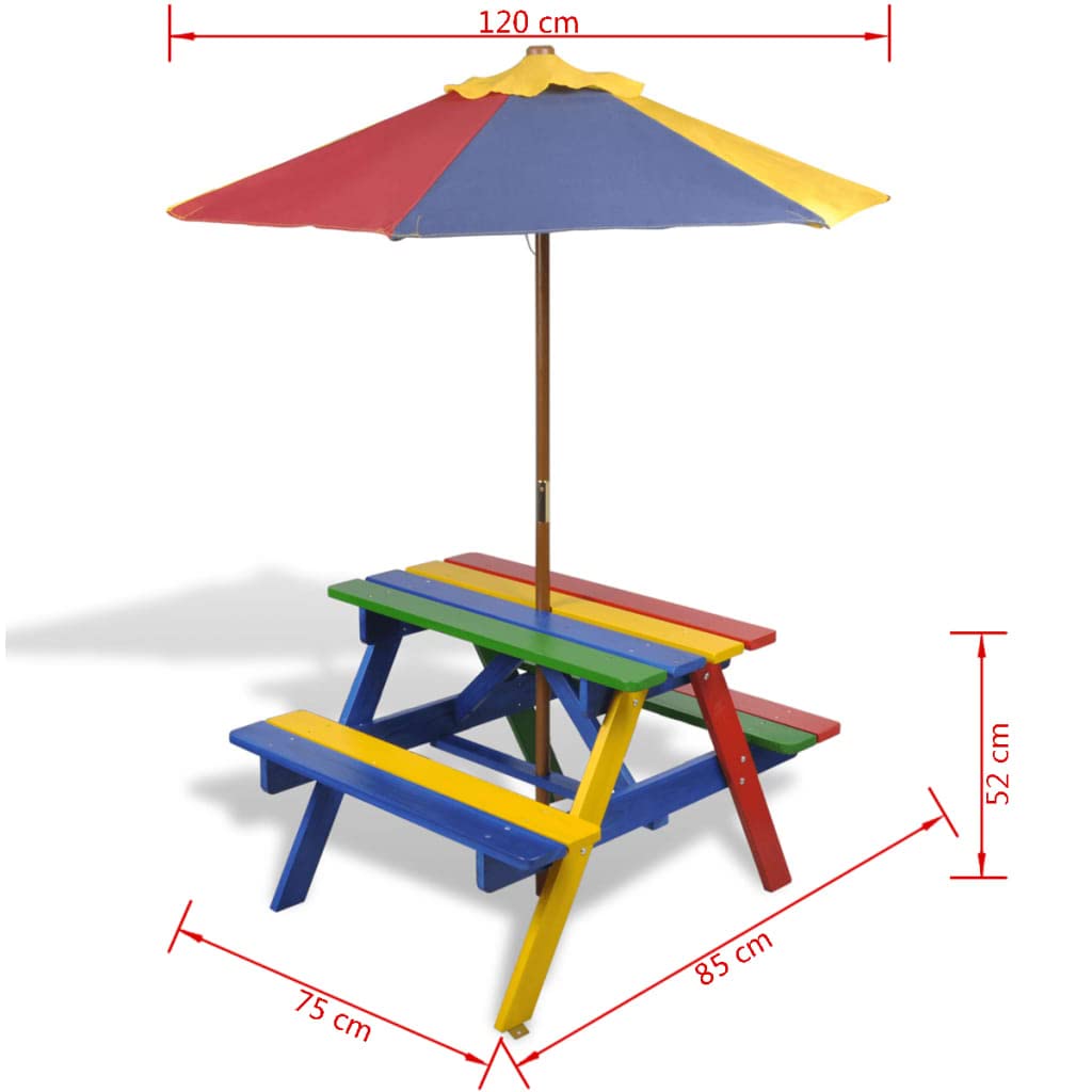 tavolo da esterno tavolo terrazzo Tavolino da salotto Terrace Tavolo e Panchine per Bambini con Parasole Legno Multicolore Adatto per giardini, terrazze e balconi