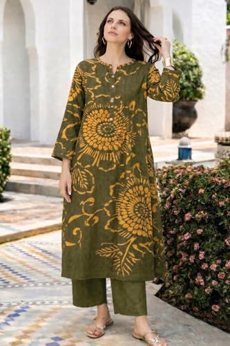 Image of ANNI Designer Kurta Set for Women Erode Rayon Printed | Kurti Set for Woman | Kurta Palazzo 2 Piece Outfit | Band Collar 3 /4 Sleeve A-Line Fit Ethnic Dress Stylish Kurta Sets for Women Clothing