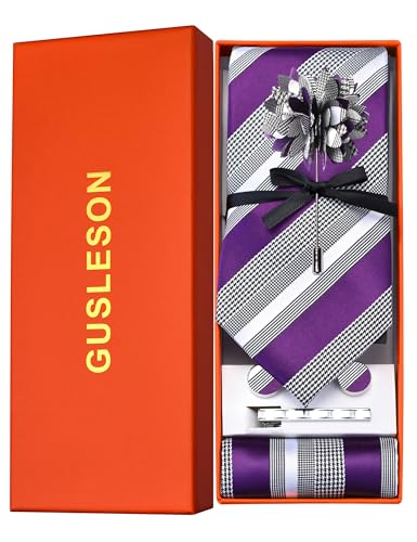 Image of GUSLESON Men's 5-pc Striped Tie Gift Set - Jacquard Necktie, Pocket Square, Cufflinks, Lapel Pin, Tie Clip - Wedding Formal Gifts