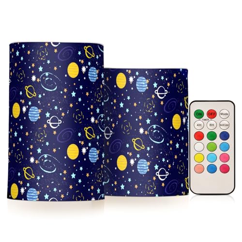 Galaxys-Print Flameless Pillar Plastic Led Candles, Battery Operated with Remote/Timer Color Changing Soft Light, Set of 2 for Festival, Wedding,Home Party Decor