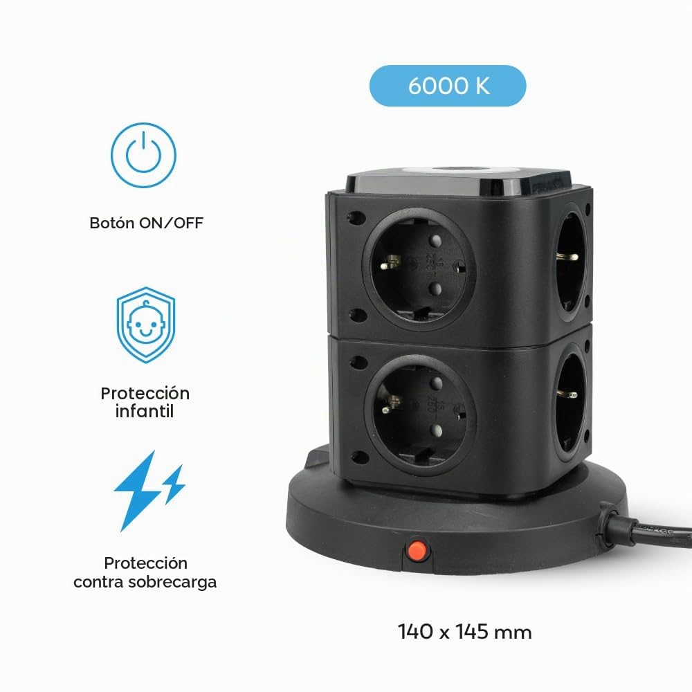 Garza - Regleta Torre 11 en 1 con 8 Enchufes Schuko, 2 USB-C PD20W y 1 USB-A, Carga Rápida, Luz Nocturna Regulable, Interruptores Individuales y Protección contra Sobrecargas y Cortocircuitos, Negro