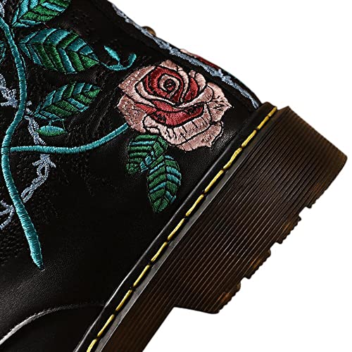 TinaCus Handmade Women's Genuine Leather Ethnic Embroidered Floral Round Toe Low Chunky Heel Front Lace Up Combat Boots Shoes3