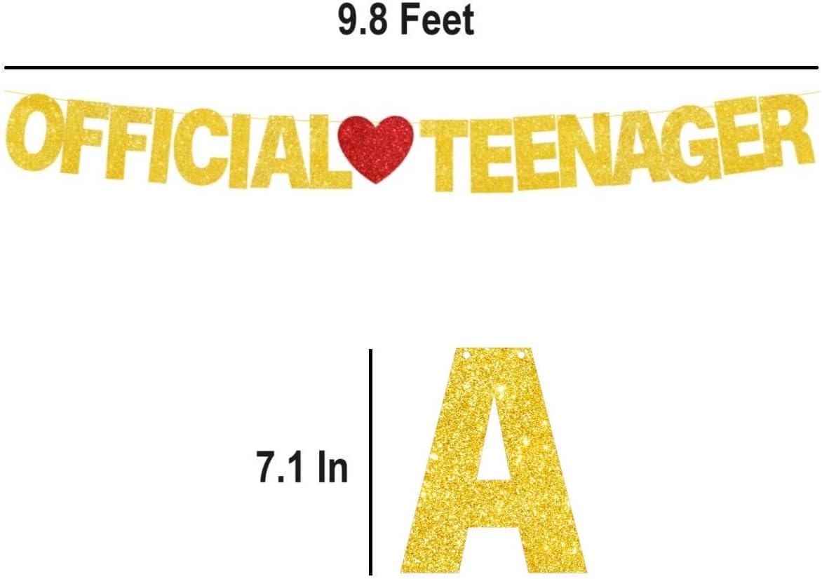 Official Teenager Banner, Pre-Strung, Gold Glitter Happy 13th Birthday Banner Teenage Party Decorations, 13 year Old Bday Party Photo Prop Backdrop Sign, Thirteen Youth Banner Decor Birthday Supplies