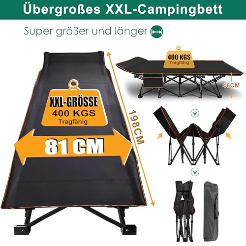 DRMOIS Feldbetten Klappbar Campingbetten, Campingliege Übergroßes 81 cm breites, tragbares, faltbares Outdoor, Tragkraft 400 kg- mit Isomatte Matratze, Schwarz, Größe XXL