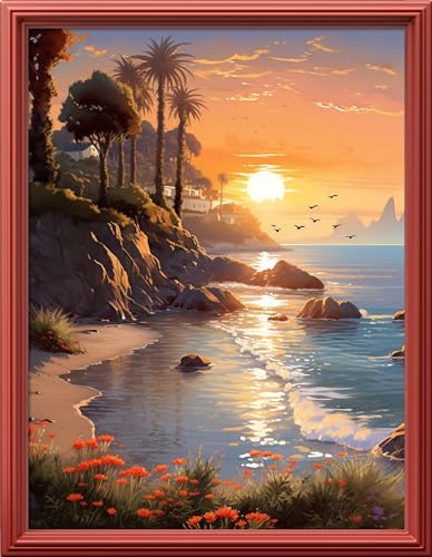 Image of Leczany Cross Stitch Stamped Kit for Beginner - Beautiful Seaside | DIY Embroidery Starter Patterns Craft Kit Needlepoint for Adults | 11CT, 3 Strands | 13x16.9 inches
