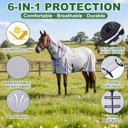 Image of Horse Summer Sheet Breathable Mesh Blanket with Neck, Size 76 Light Gray | Full Neck Coverage, Adjustable Chest Belly and Leg Straps, Lightweight Sun Cover for Pasture Stable Turnout and Travel