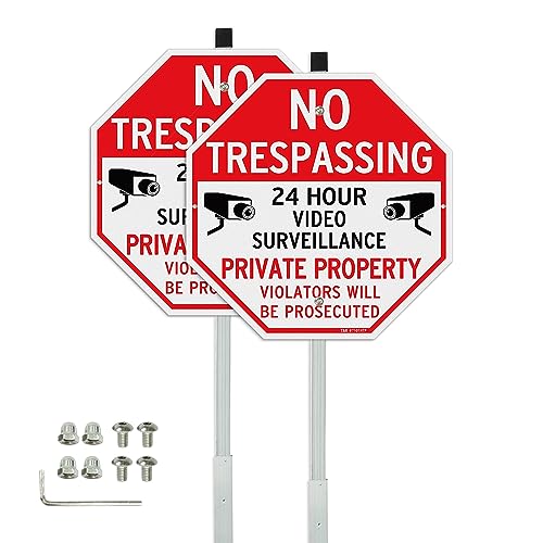 T&R Large No Trespassing Private Property Sign Video Surveillance Sign with 36' Stake for Outside - 2 Pack - 12'x12' .040 Rust Free Heavy Aluminum, Reflective, Waterproof, Weatherproof and Fade