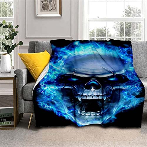 TEGVLXD Gothic Totenkopf Kuscheldecke Flanell Fleecedecke Blau Flamme SchäDel Weiche & Warme Sofadecke/Wohndecke/Couchdecke - Super Soft Plüsch Blanket für Kinder/Haustier 130x100 cm Cover