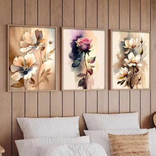 Tableau beige fleur dorée triptyque 75x100cm pour décoration salon