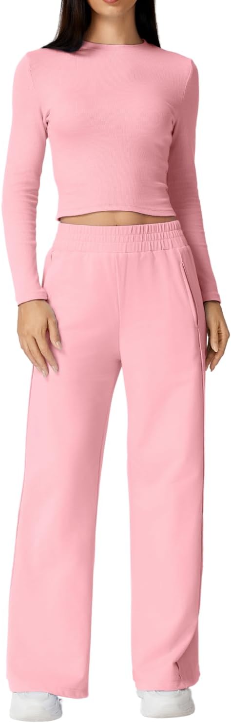 QINSEN Womens 2 Piece Sets Long Sleeve Slim Fit Crop Tops Wide Leg Pants Matching Lounge Set