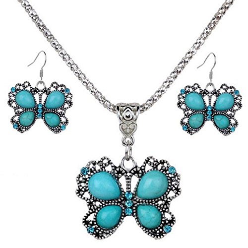 2017 Hot Jewelry Set ! AMA(TM) Women Vintage BOHO Style Peacock Butterfly Flower Owl Turquoise Pendant Necklace Earrings Eardrop Jewelry Set Gifts (C)