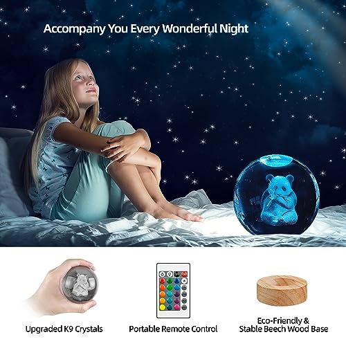 Image of 3D Panda Crystal Ball Night Light with 16 Color LED Wooden Base 3.15 Inch Glass Ball Lamps with Remote for Birthday Christmas Cute Panda Gifts for Lovers Boys Girls Friend (Upgraded)