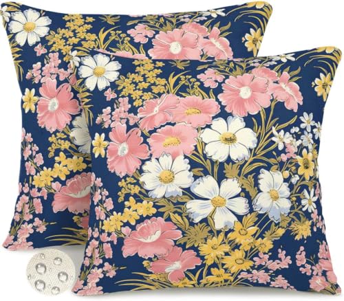 Housses de coussin imperméables 80x80 cm bleu décor fleuri lot de 2