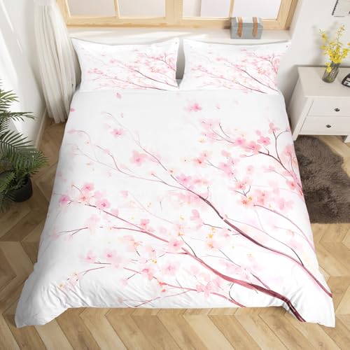 Homemissing Parure de lit en Fleurs de Cerisier Fille Blanc Rose Housse de Couette Fleurie 1 Personnes,3D Sakura Style Japonais Style Romantique Ensemble de...