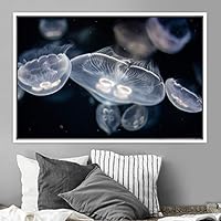 Framed Canvas Wall Art Jellyfish Floating Colorful Fish Group Marine Life Multicolor Nautical Photography Realism Ultra - 16x24 inches