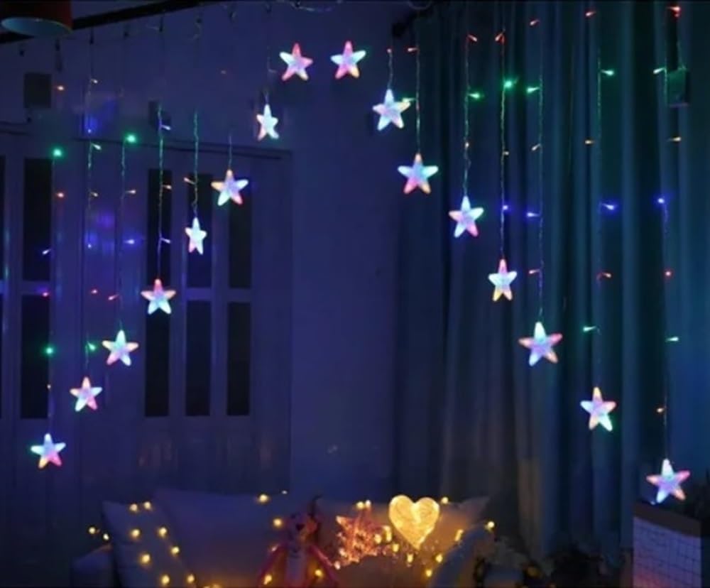 MIRADH A-Shaped 16-Star LED Curtain Fairy Lights, 136 LEDs, 8 Flash Modes – Diwali, Navratri, Christmas, New Year Decoration (Multicolor)