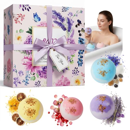 4 x 100g Bombas de Baño Naturales, Set Bolas de Baño Relajantes con Aceites Esenciales, Spa Baño de Burbujas para Navidad, San Valentín, Cumpleaños para Hombre, Ella