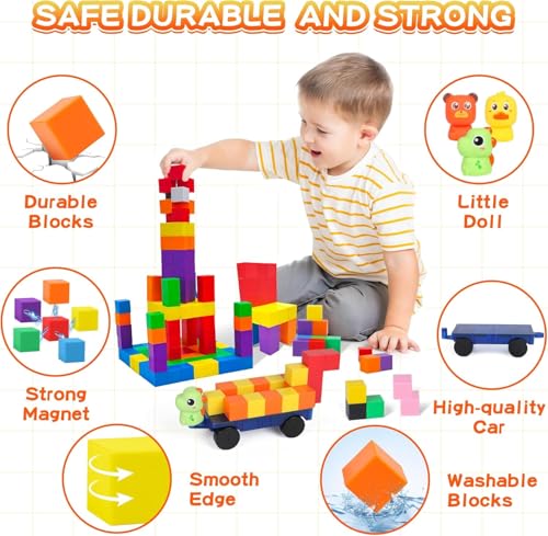 LONEEDY 60-Pack Magnetic Building Block Set with Animal Figures & Magnetic Cart - Magnet Constructions Cubes Educational STEM Toy for Kids 3-8 Years (Color Mixing-60PCS) - image 4