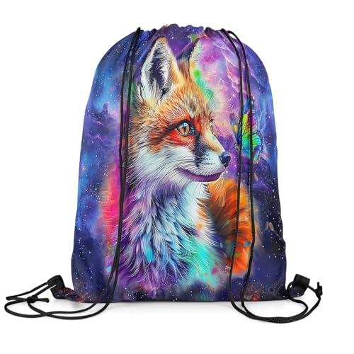 Erosebridal Fox Draw String Back Bag,Hand Drawn Kawaii Fox Drawstring Backpack,Cartoon Graffiti Spatter String Backpack For Sport Gym,Rainbow Wild Butterfly Drawstring Bags 13X15.7,Purple,Blue,Green2